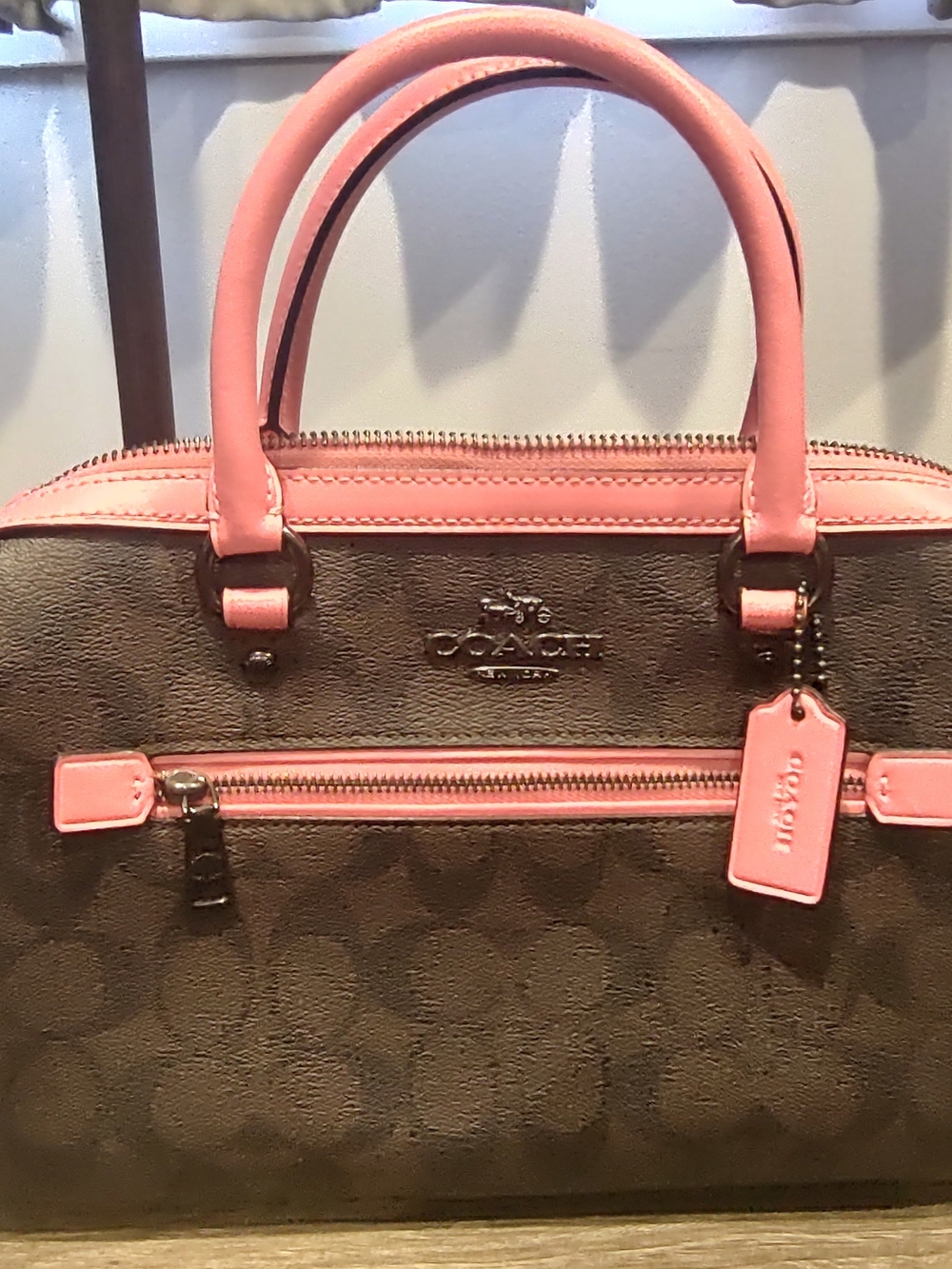 Coach Signature Dome Satchel in Brown with Pink Trim